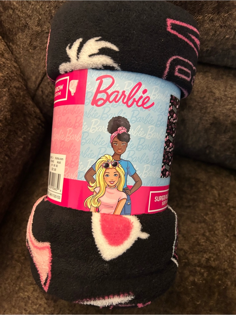 Barbie Black Pink Heart Plush Throw Blanket